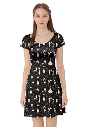 Black swing skirt dress with white cats